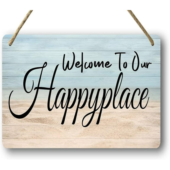 Novelty Welcome Wood Signs Welcome To Our Happy Place Wooden Hanging String Sign Plank Plaque Wall Art Decor Front Door Porch Bedroom Restroom House Garden Farm Home 8x12 Inch