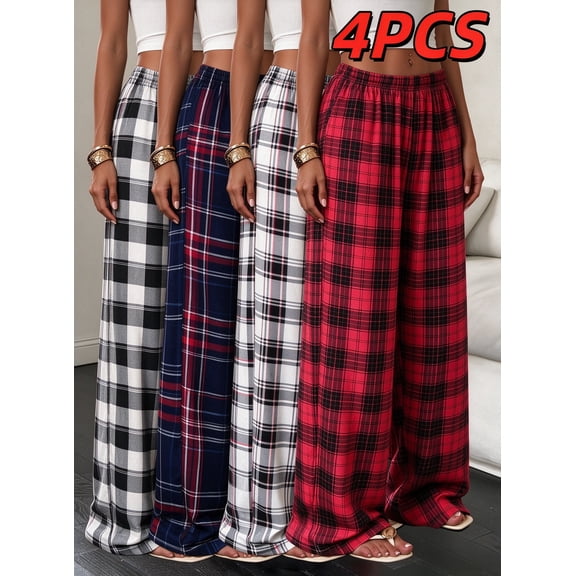 4PCS Casual Women's Pajama Pants Versatile Checkered Wide-Leg Pants. Opaque, Full-Length Pants. A unisex layering piece suitable for all seasons and a top choice for party outfits.