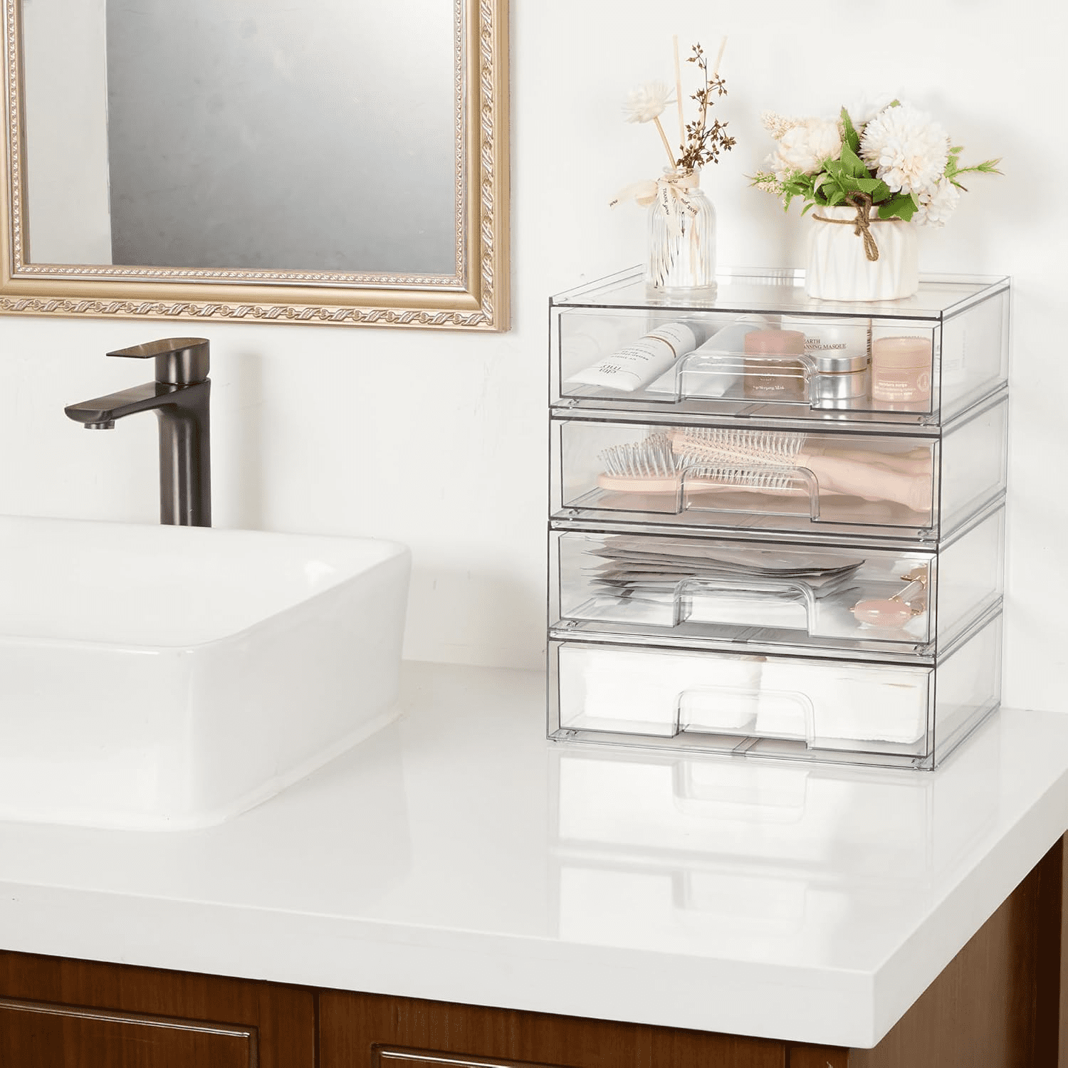Clear Stackable Drawer Organizer, 2-Pack - Plastic Storage Drawers For Desk, Countertop, Dresser, Kitchen, Pantry, Bathroom, Office