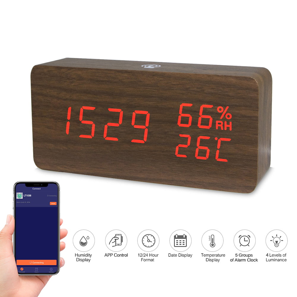 LED Digital Wooden Alarm Clock Time/ Temperature/ Humidity/ Date Display Electronic Desktop