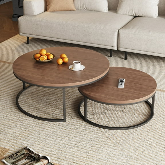gaoyangjiaju 2-Piece Round Nesting Coffee Tables – Walnut Wood Top with Black Metal Legs, Modern Space-Saving Design (Modern Brown)