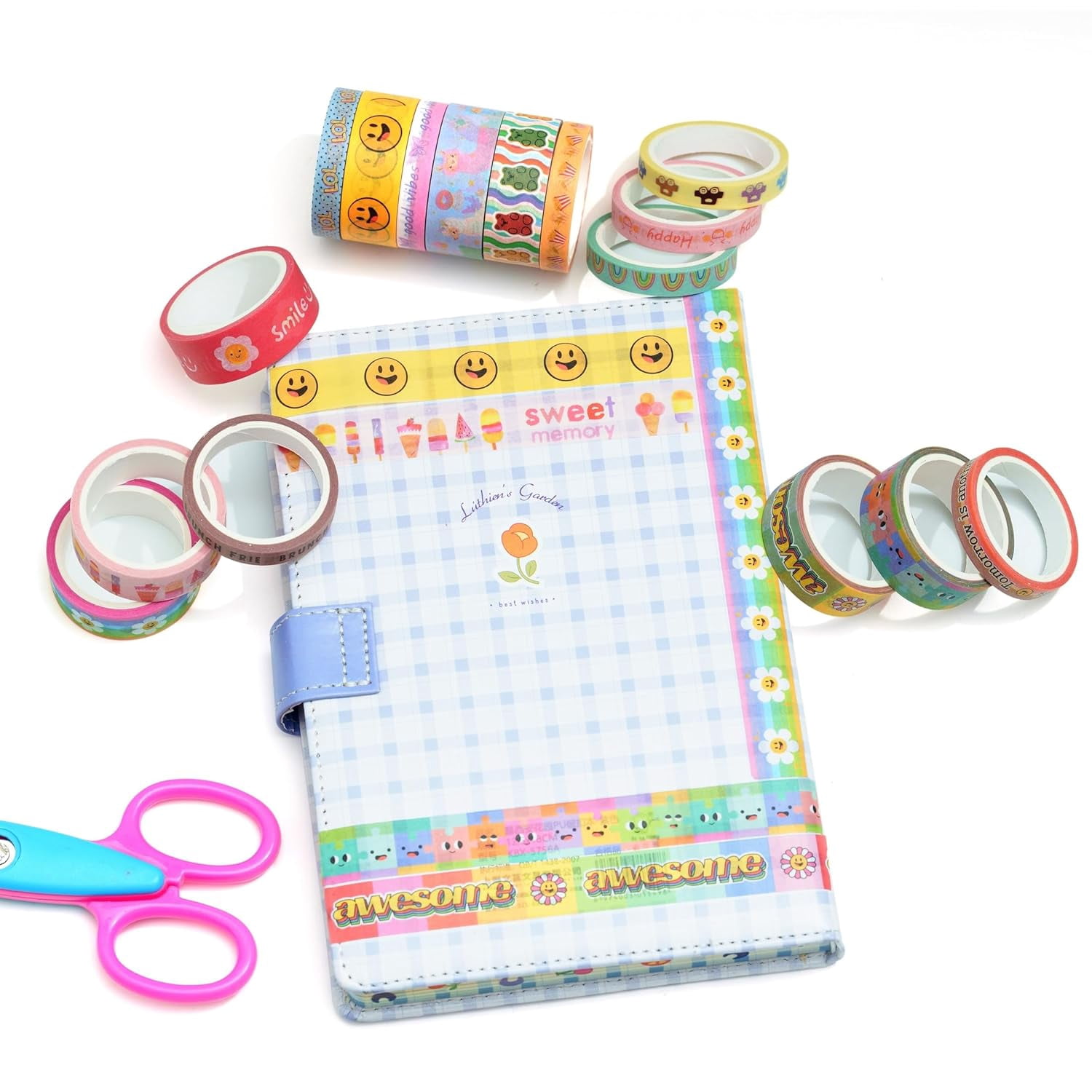 Cute Cartoon Washi Tape Set 16 Rolls Bright Colors Kawaii Masking Graphic Decorative Tapes for Arts, DIY Crafts, Journals, Planners, Scrapbook, Wrapping
