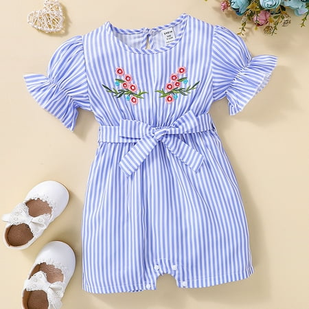 

Toddler Girls Flare Sleeve Floral Printed Romper Striped Jumpsuit Clothes Light Blue 12M