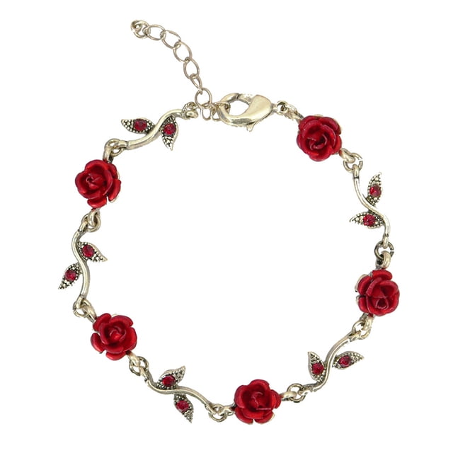 Pulsera de flor de rosa roja Rose Bangle Ajustable Pulsera de cadena Regalo romántico