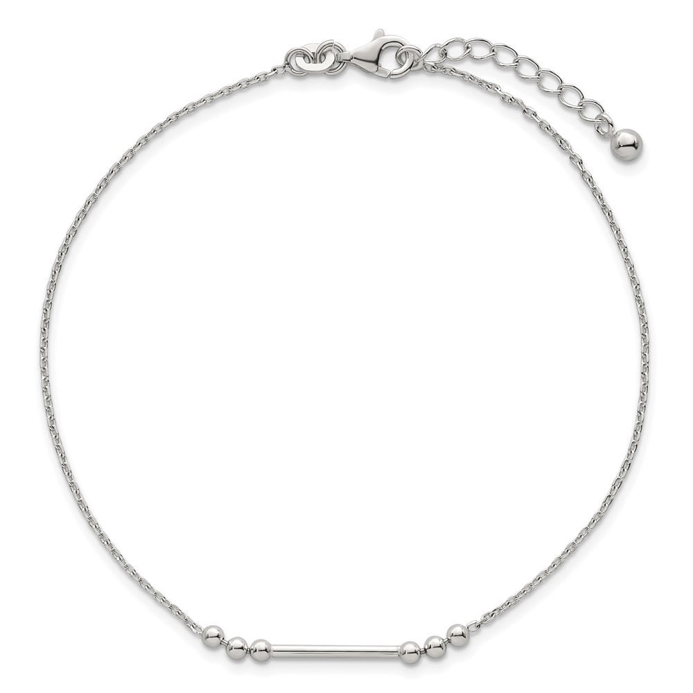 Sterling Silver Polished Beads and Bar 9 inch with 1 inch Extension Anklet