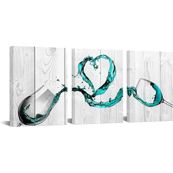 3 Piece Wine Wall Art Dining Room Wall Decor Grey and Turquoise Painting Teal Blue Wine Cup Picture Prints Food Artwork Modern Art Home Bar Kitchen Living Room Decor Framed Ready to Hang