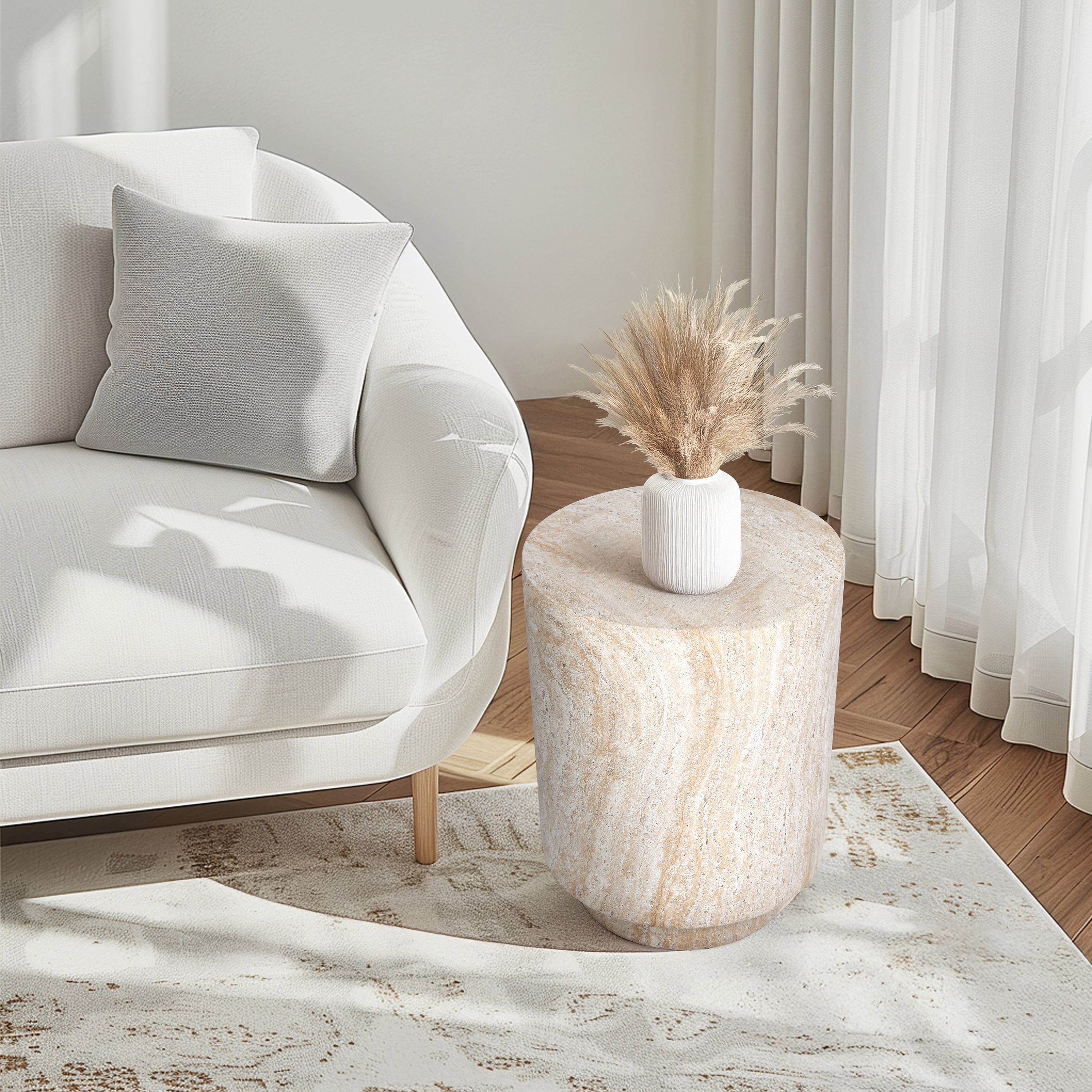Cylinder Travertine Stone Finish Italian Design MgO Side Accent Table