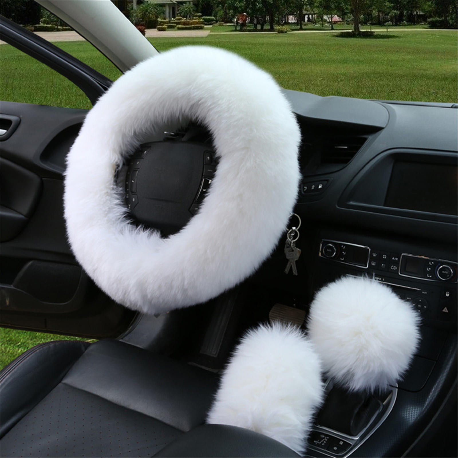 Soft Warm Fuzzy Steering Wheel Cover with Long Handbrake Sleeve Universal Car Interior Accessory