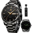 thumbnail image 1 of Reloj de oro para hombre, reloj de vestir de negocios de cuarzo analógico, fecha, acero inoxidable, clásico, de lujo, luminoso, resistente al agua, informal, para hombre, negro, 1 of 5