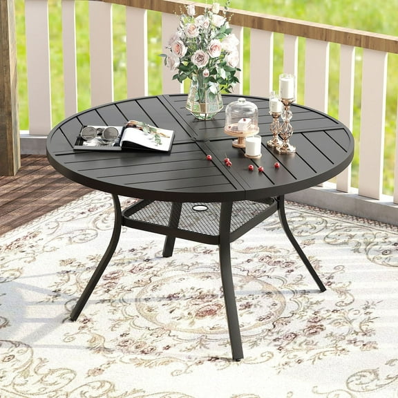 Vicllax Outdoor Patio Dining Table Dia.41" Slatted Tabletop Metal Frame with Umbrella Hole, Black