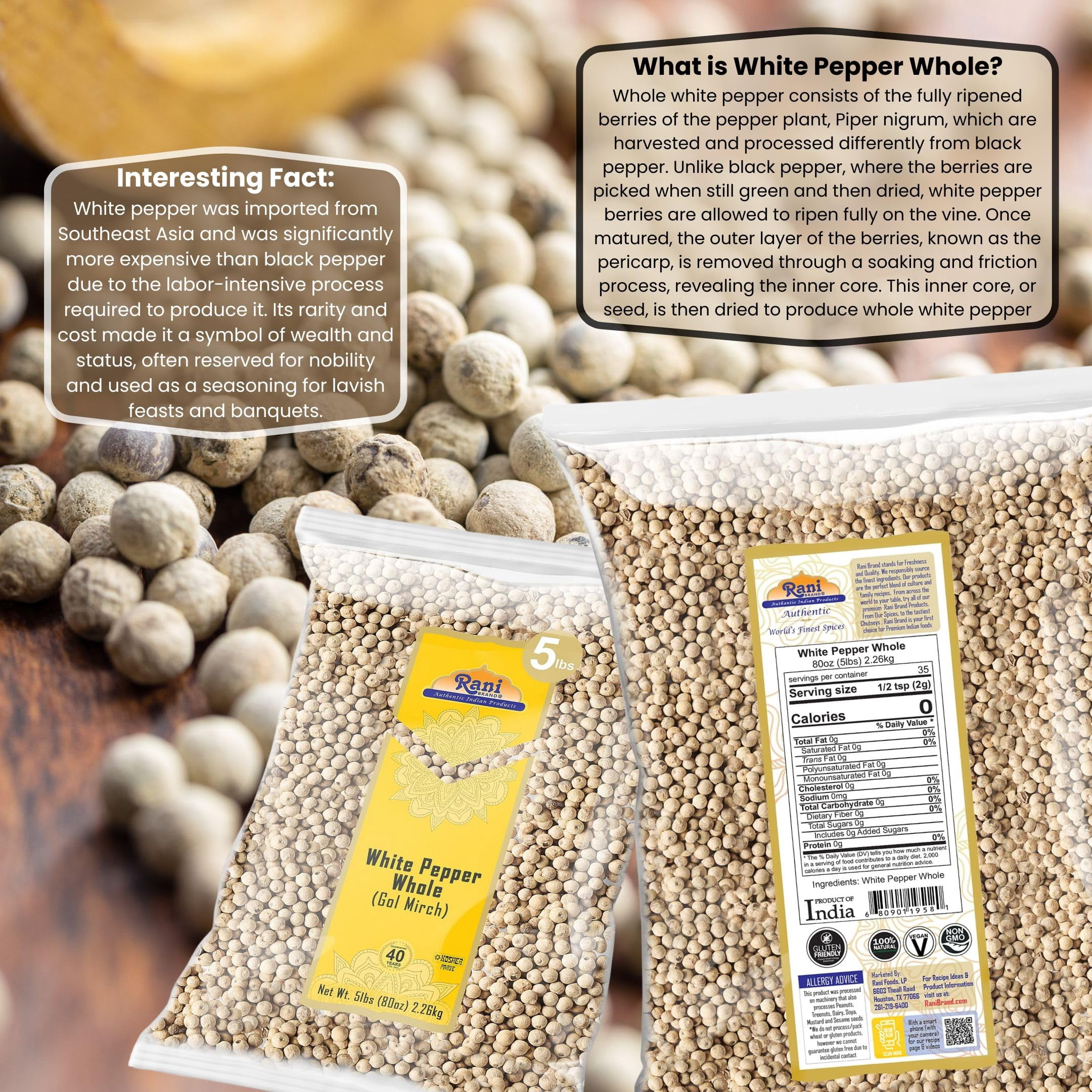 Rani White Pepper (Gol Mirch), Whole Spice 80oz (5lbs) 2.27kg Bulk ~ All Natural | Vegan | Gluten Friendly| NON-GMO | Kosher | Indian Origin