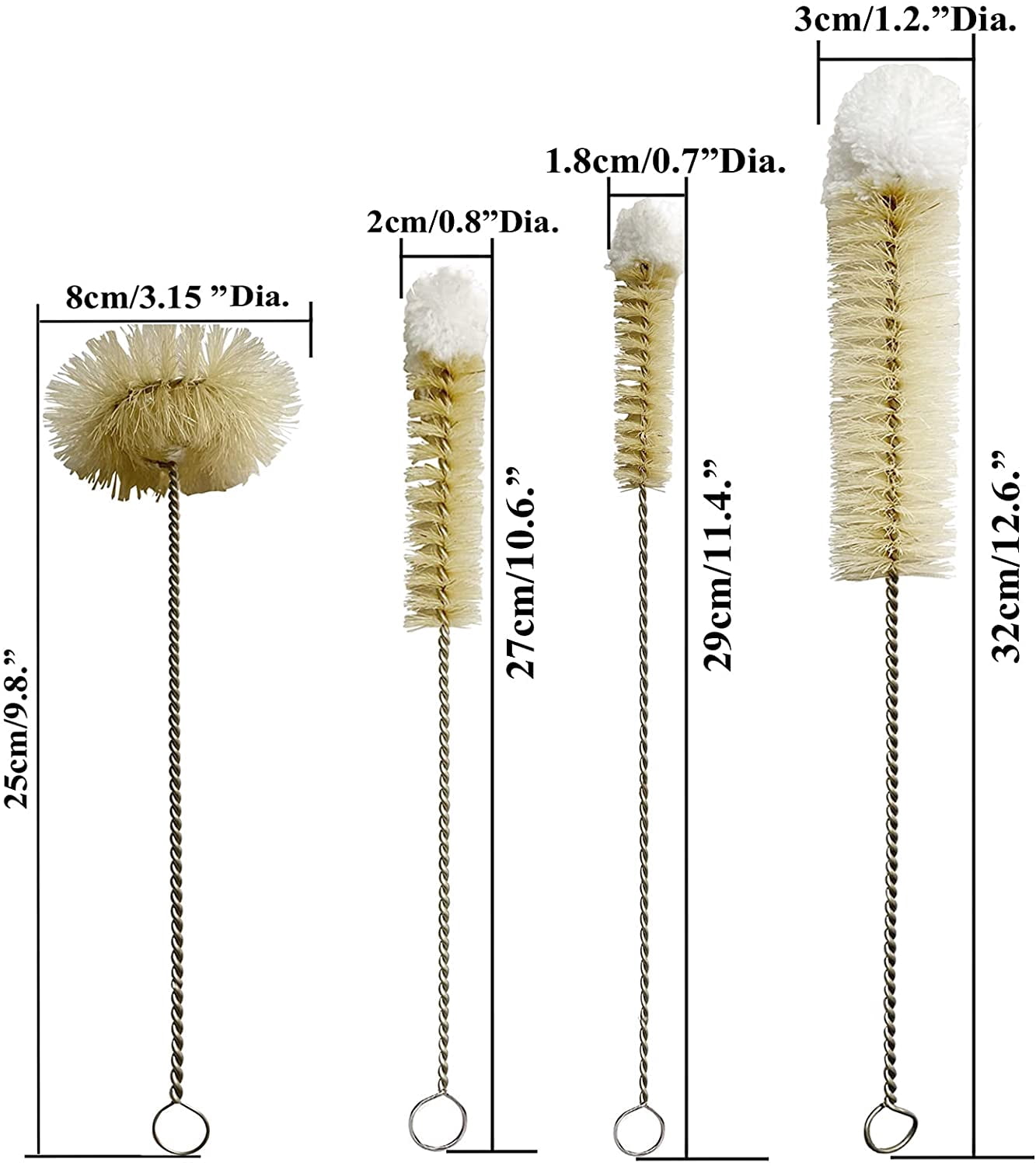 Bottle Brushes Thin Long Handle X 4, Skinny Wire Cleaner Set in Stainless Steel with Natural Boar Bristle at Wool Tip, Bendable Flexible for Cleaning Narrow Neck Bottles, Pipe, Tube, Hose