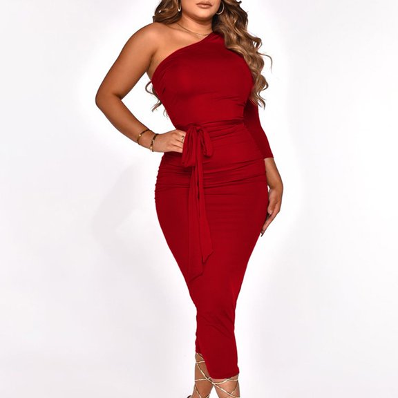 symoid Maxi Dress for Women- Fashion Solid Tight One-Shoulder Long Sleeve Flounced Edge Belt Long Dress Red XL