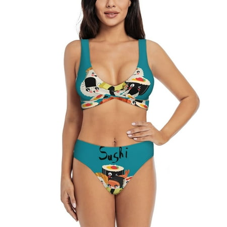 Zeuib I Love Sushi High Waisted Tummy Control Bikini Set - Knot Front Push Up Top & Cheeky Thong Bottom  Two-Piece Swimsuit for Women-XX-Large