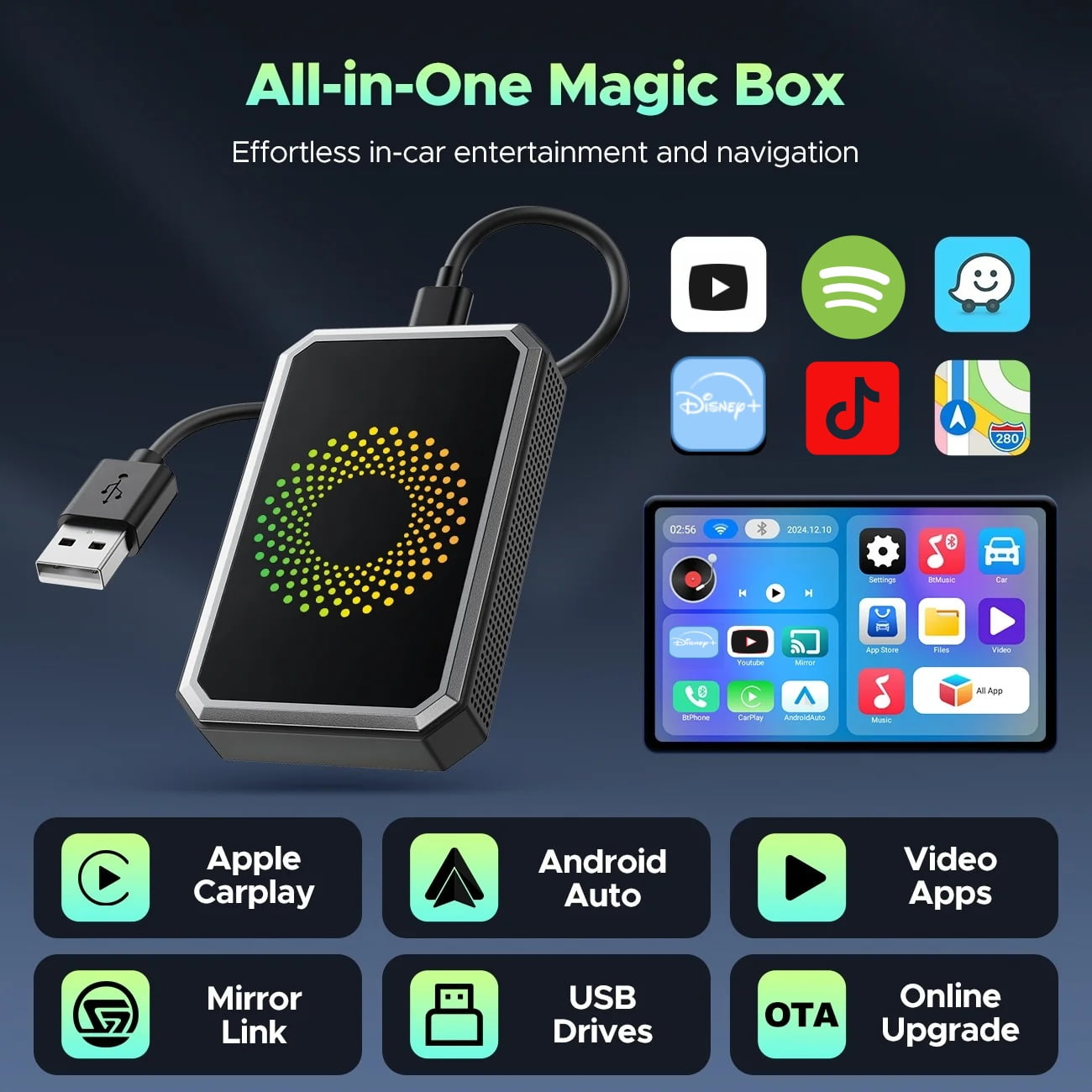 Boîtier AI Magic Box 3-en-1 Pour Voiture - Ajoute CarPlay Sans Fil, Vidéo YouTube/Netflix Et Miroir D'écran - 2