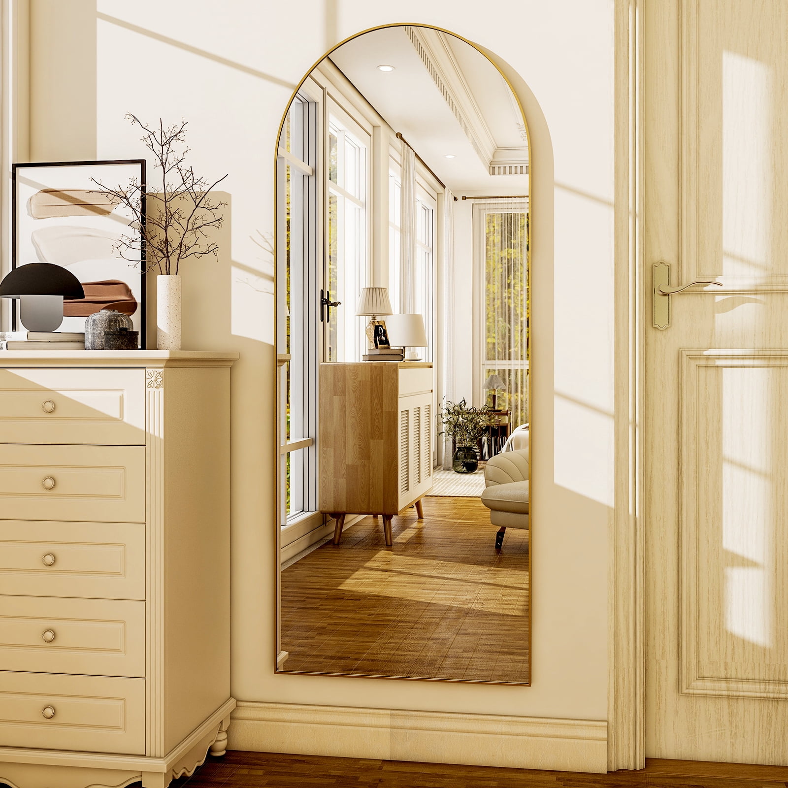 Anyrose 56.1"x21" Arched Modern Full Length Mirror Free standing Floor, Gold