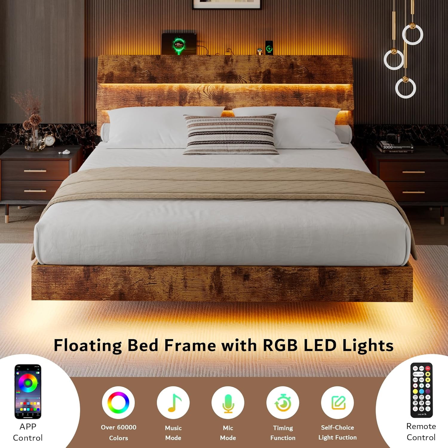 Honfach Floating King Size Bed Frame with LED Lights & Charging Station, Platform Bed with Wooden Storage Headboard, Steel Slats Support,Vintage Brown