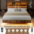 thumbnail image 6 of Honfach Floating King Size Bed Frame with LED Lights & Charging Station, Platform Bed with Wooden Storage Headboard, Steel Slats Support,Vintage Brown, 6 of 9