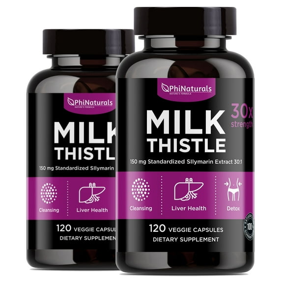 Milk Thistle Silymarin Supplement (Pack of 2) 30x Extract (Standardized 30:1) by Phi Naturals | 150 mg Per Capsule - 120 Capsules | Supports Liver Cleanse, Detox and more