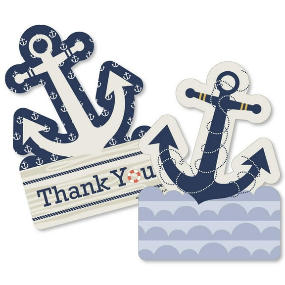 Big Dot of Happiness Ahoy - Nautical - Shaped Thank You Cards - Baby Shower or Birthday Party Thank You Note Cards with Envelopes - Set of 12