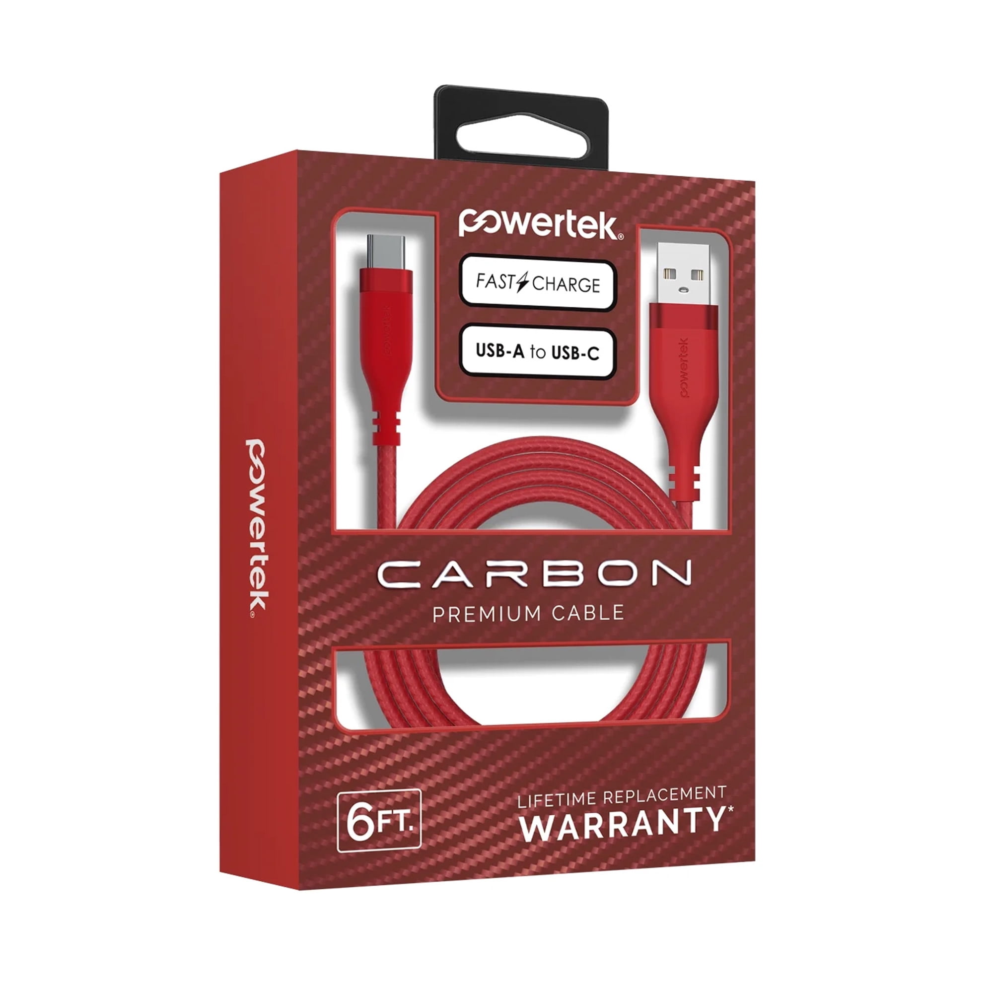 Powertek USB-A to USB-C (Type-C) Charging Cable, Carbon Design Texture, 6 ft, Red