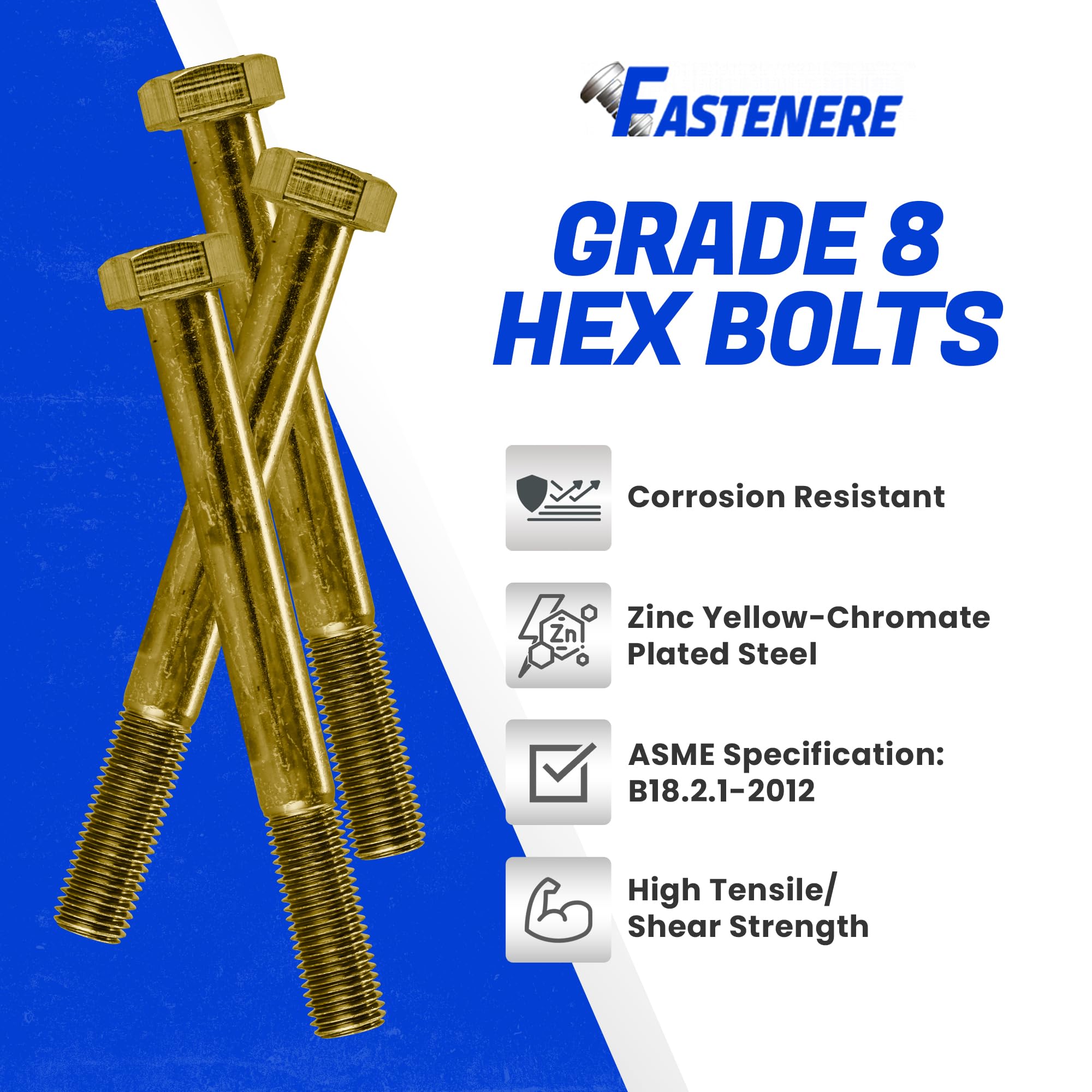 Fastenere 3/8"-24 x 3-1/2" Hex Bolts Grade 8 Zinc Yellow-Chromate Plated Steel, Partial Threaded Durable Hex Bolts for Machinery & Construction, Rust-Resistant, Heavy-Duty Fasteners, Pack of 10