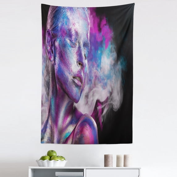 Women Tapestry, Fashion Concept of Lady Colorful Splashes Body Art Smoke Paint, Fabric Wall Hanging Decor for Bedroom Living Room Dorm, 5 Sizes, Pale Fuchsia Blue and Violet, by Ambesonne