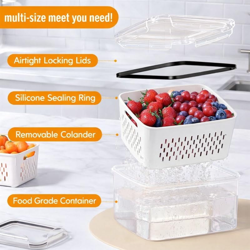 Fruit Storage Containers for Fridge, Airtight Lids Keep Out Dust, Insects & Contaminants, Easy-Clean Stackable Design for Fresh Produce