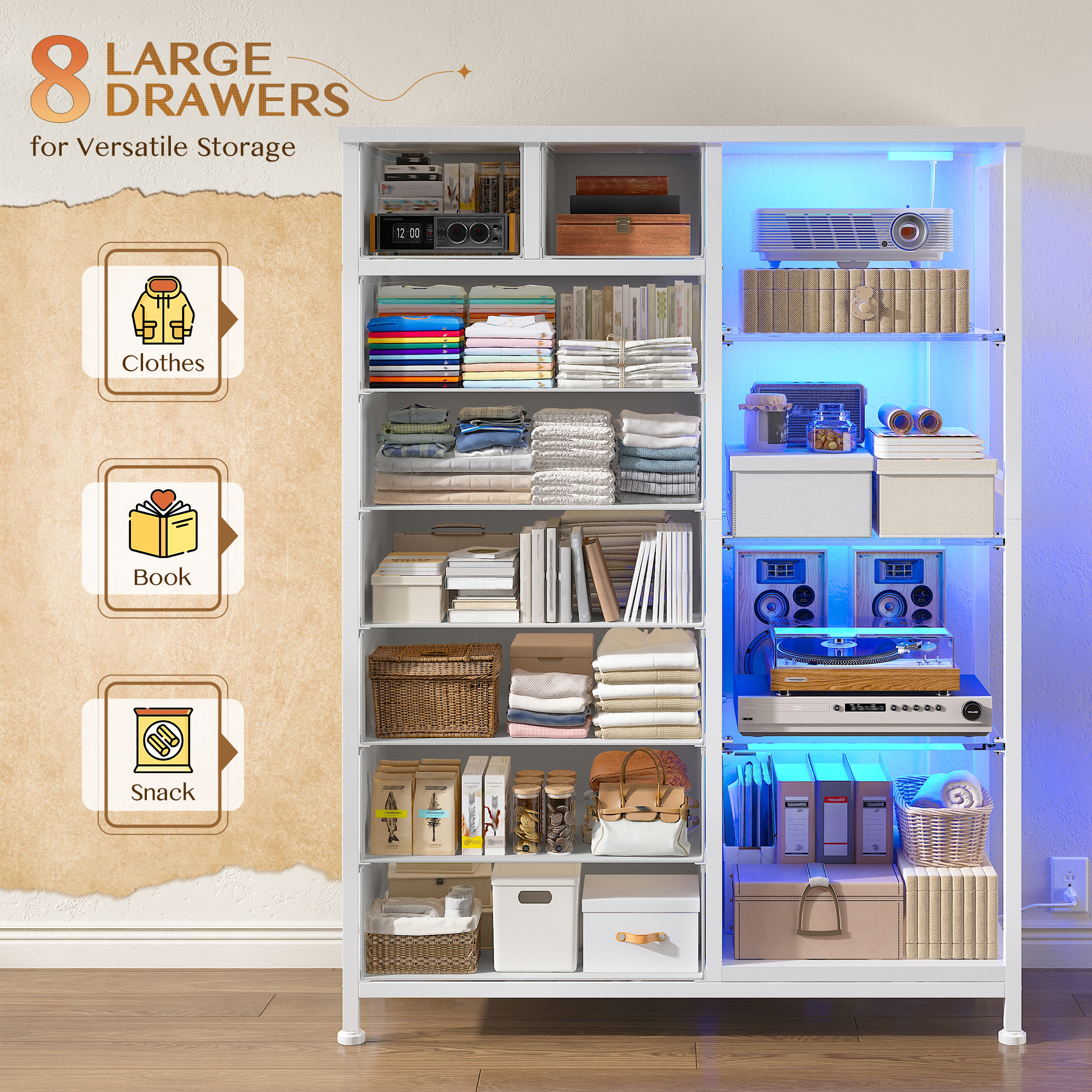 EnHomee White Dresser for Bedroom with Acrylic Open Shelves & Charging Station Tall Dresser with 8 Fabric Drawers & LED Lights