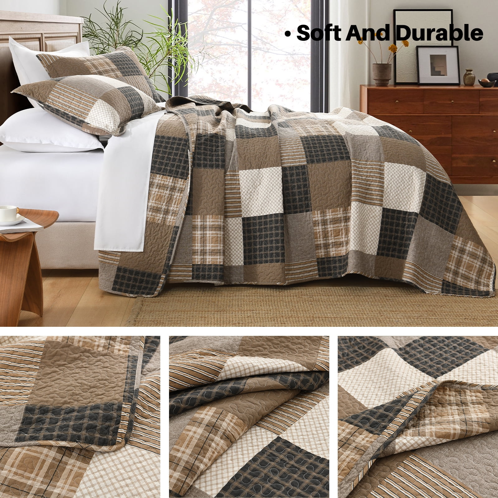 Bedduvit Farmhouse Plaid Queen Size Quilt - 100% Cotton Brown Gray Black Patchwork Quilts Bedspread for Queen Bed, Cabin Rustic Lightweight Reversible Quilt Set, All-Season 3-Piece Bedding Set, 98x90