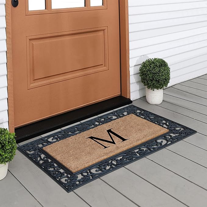 A1 Home Collections Rubber Coir Doormat Outdoor Entrance Floor Entryway Mat, Beige/Black, 23"x 38"