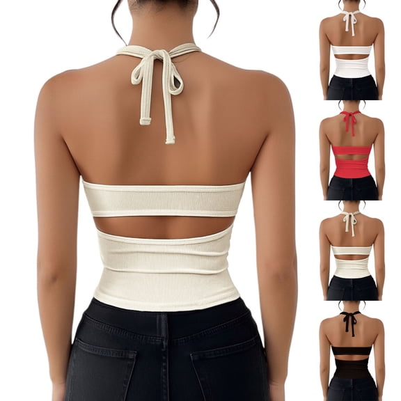 Women's Halter Neck Tank Top, Solid Color Backless Knit Vest with Built-In Bra, Chic & Stylish Sleeveless Top for Summer, Going Out, and Layered Outfits-Black