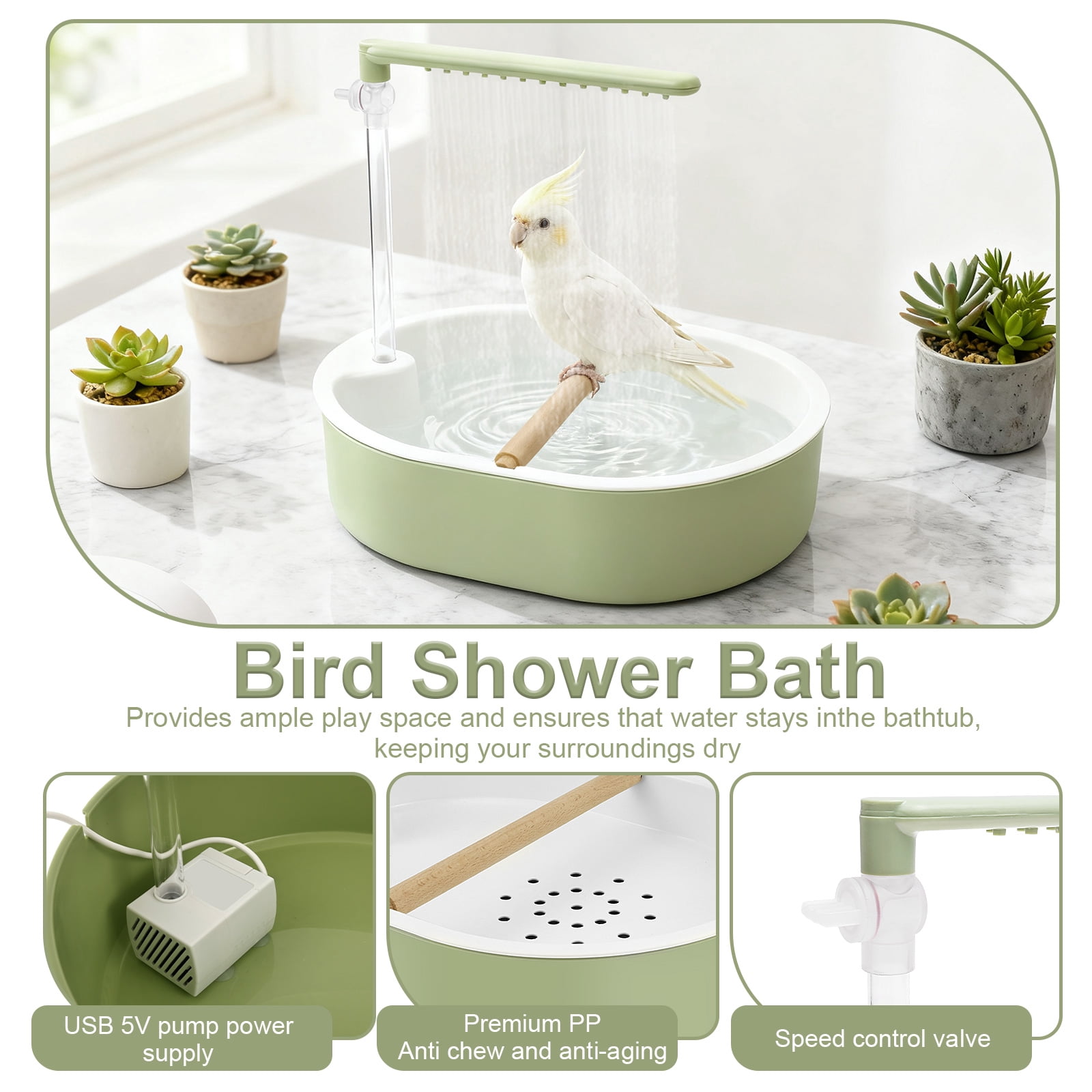 Automatic Parakeet Bird Bath with Pump Adjustable Water Flow Speed Control Valve 5W Quiet Shower Fountain for Small Birds Cockatiel Lovebird Budgie
