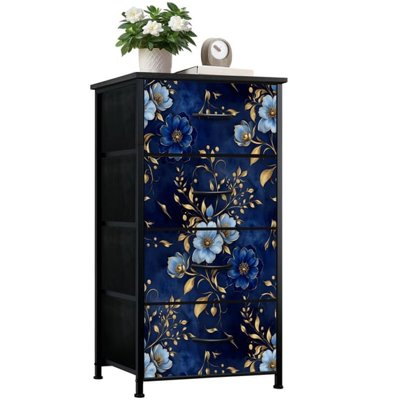 Gothic Dresser for Bedroom with 4 Storage Drawers Elegant Blue Gold Floral Vine Petal Design Dressers Chest of Drawers Steel Framed Fabric Closet Organizers for Dorm Entryway Living Room End Table