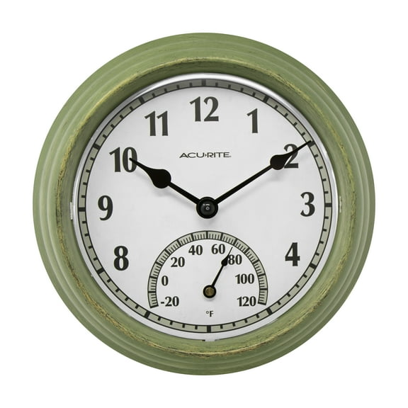AcuRite 8.5" Rustic Green Outdoor Clock with Thermometer (02470)