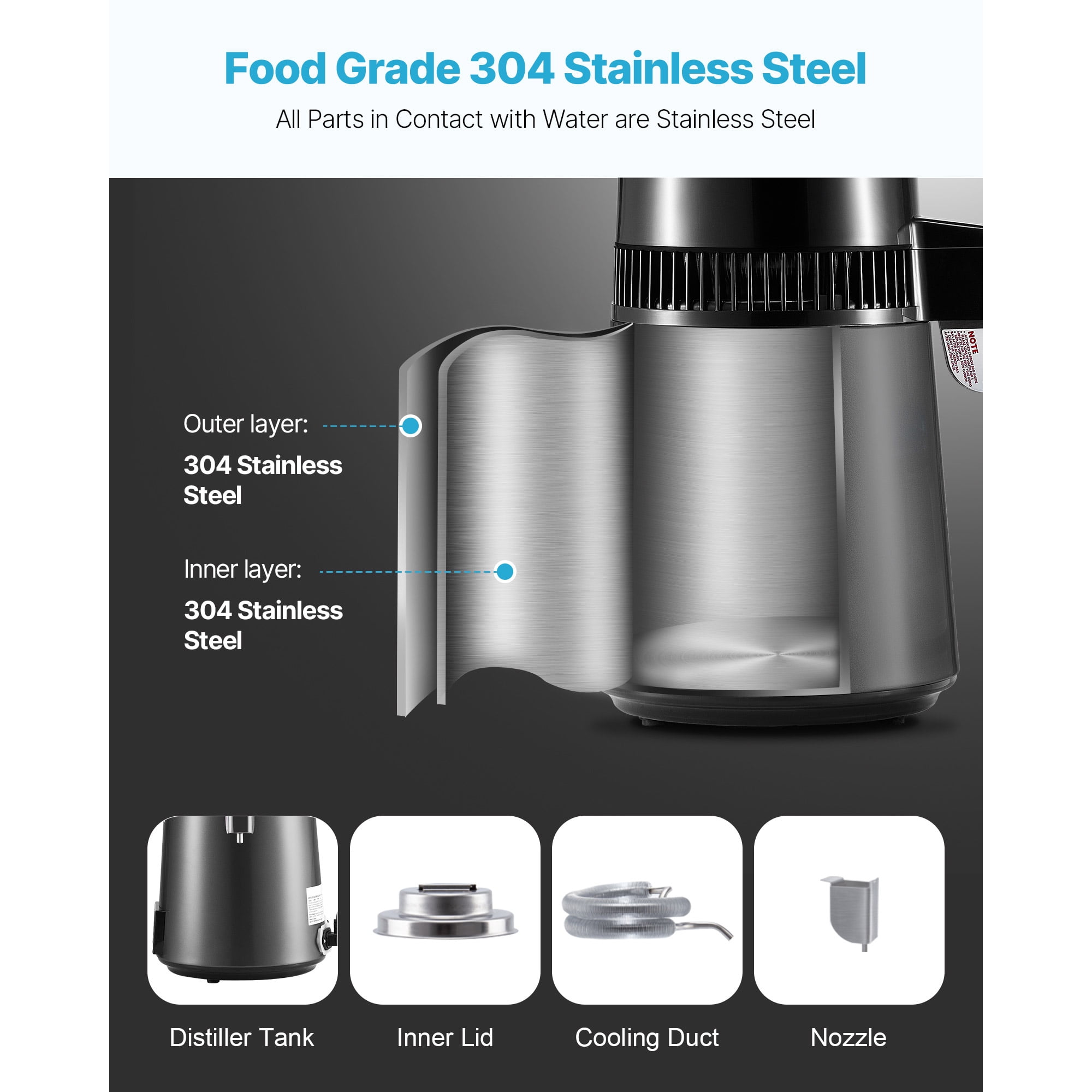 KFFKFF 4L 1.1 Gallon Water Distiller for Home Countertop, 750W Purifier with Glass Container, Stainless Steel Interior for Clean Drinking Water, Grey