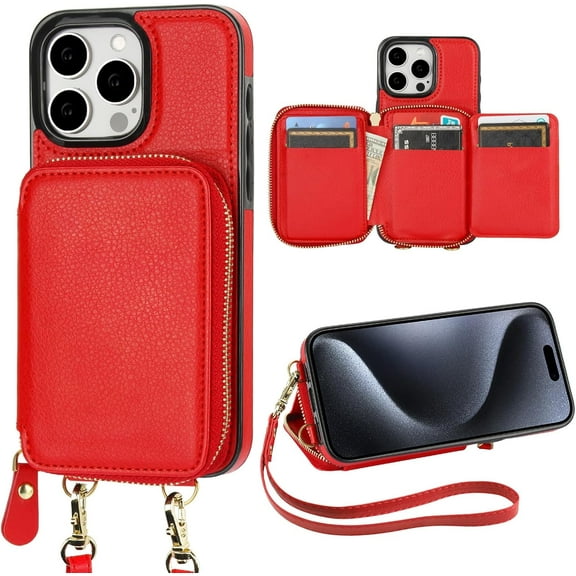 RFID Blocking Wallet Case for iPhone 15 Pro Max, Adjustable Crossbody Zipper Purse Case Card Holder with Kickstand Detachable Wrist Strap, PU Leather Flip Folio Case 6.7 Inch 5G (Red)