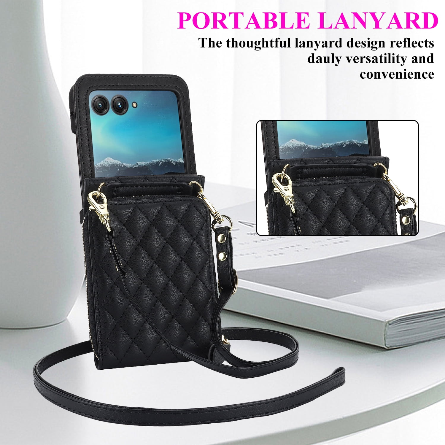 Allytechgroup for Motorola Razr 2025/2024 Wallet Case with Hand Wrist Shoulder Strap, PU Leather Cards Slots Zipper Pocket Shockproof Protective Phone Case Cover for Motorola Razr 50/60, Black