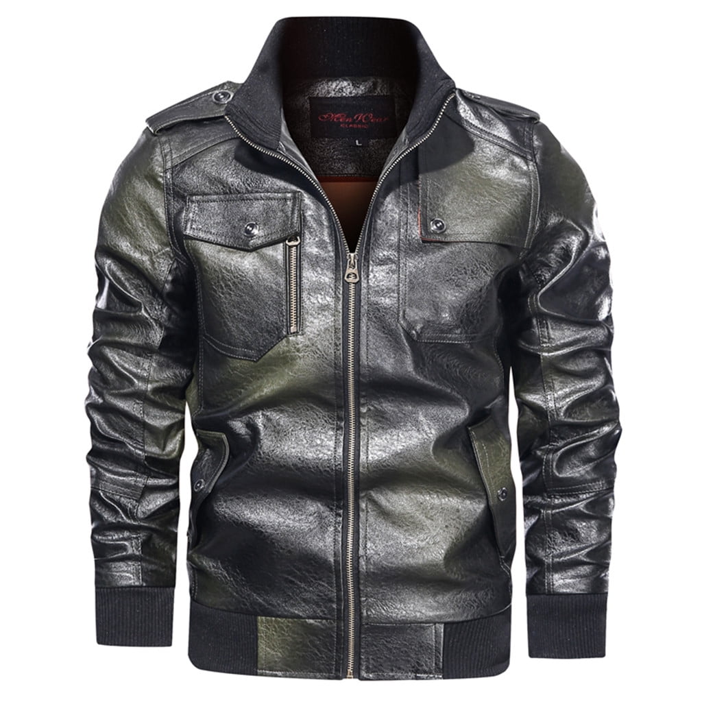 Homenesgenics Men's Leather Jacket Coats Men's Fashion Jacket Pure Color Zipper Stand Collar Imitation Leather Coat Tops