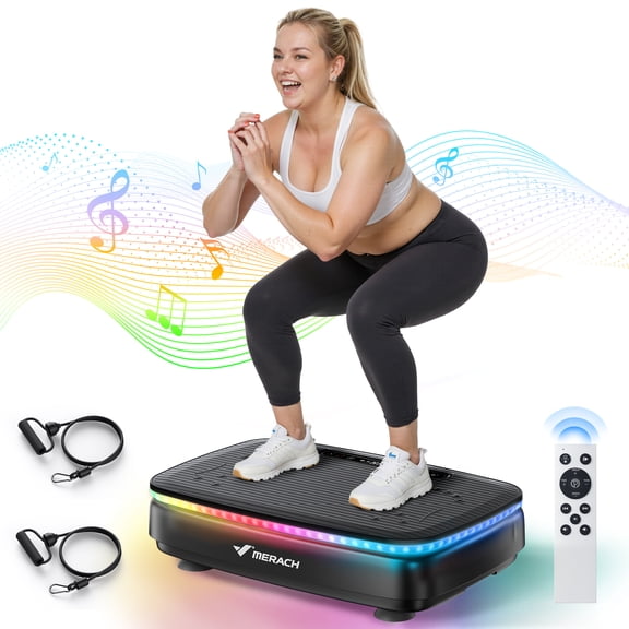 MERACH LED Light Vibration Plate Exercise Machine 330lbs Capacity Vibrating Muscle Toner Bluetooth Speaker Whole Body Workout Fitness Platform with Resistance Bands