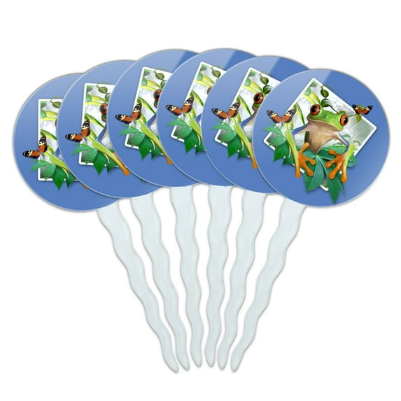 Tree Frog Selfie Picture Rainforest Cupcake Picks Toppers Decoration Set of 6