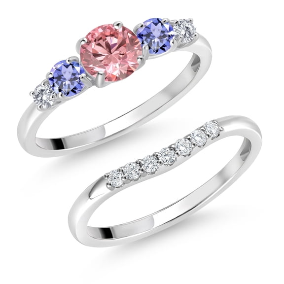 Gem Stone King 10K White Gold Pink and White Lab Grown Diamond Blue Tanzanite 5 Stone Bridal Engagement Wedding Ring Set for Women (0.91 Cttw, Round: 5MM and 3MM, Size 7)