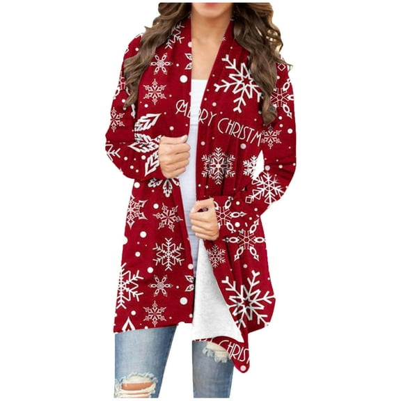 VALMASS Long Cardigans for Women Trendy Christmas Snowflake Casual Outerwears Fall Long Sleeve Lightweight Coats (S, Red)