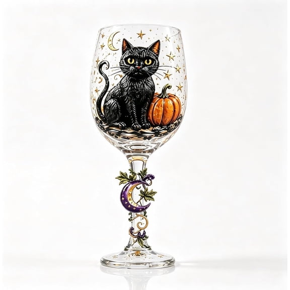 Halloween Wine Goblet Glass, Black Cat and Pumpkin Hand-Painted Stem, 12 oz Spooky Party Cup, Gothic Tabletop Drinkware