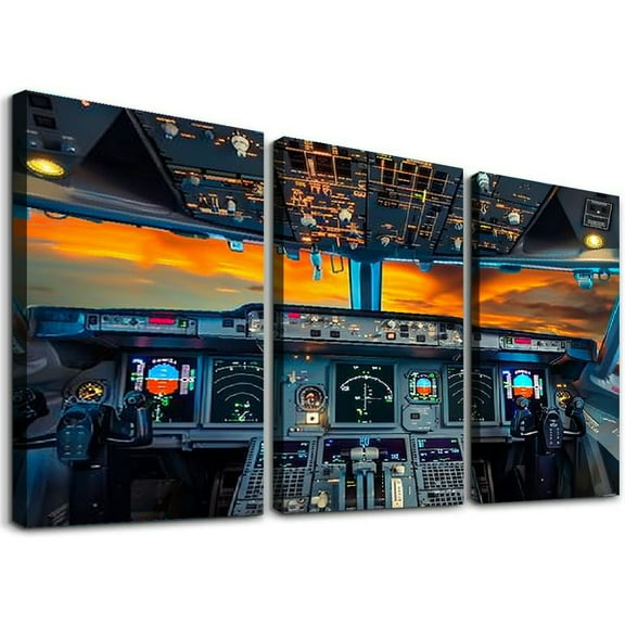 Ullo0ord Canvas Prints Wall Art Airplane Cockpit with Sunset Photo Art Print Plane Poster Modern Home Decor