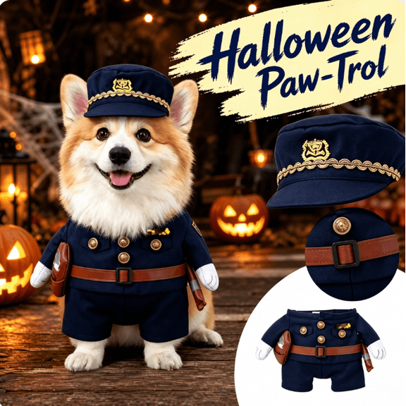 Halloween Paw-Trol Police Officer Dog Costume – Cute Navy Blue Uniform with Hat & Belt for Small Pets, Puppies & Holiday Parties
