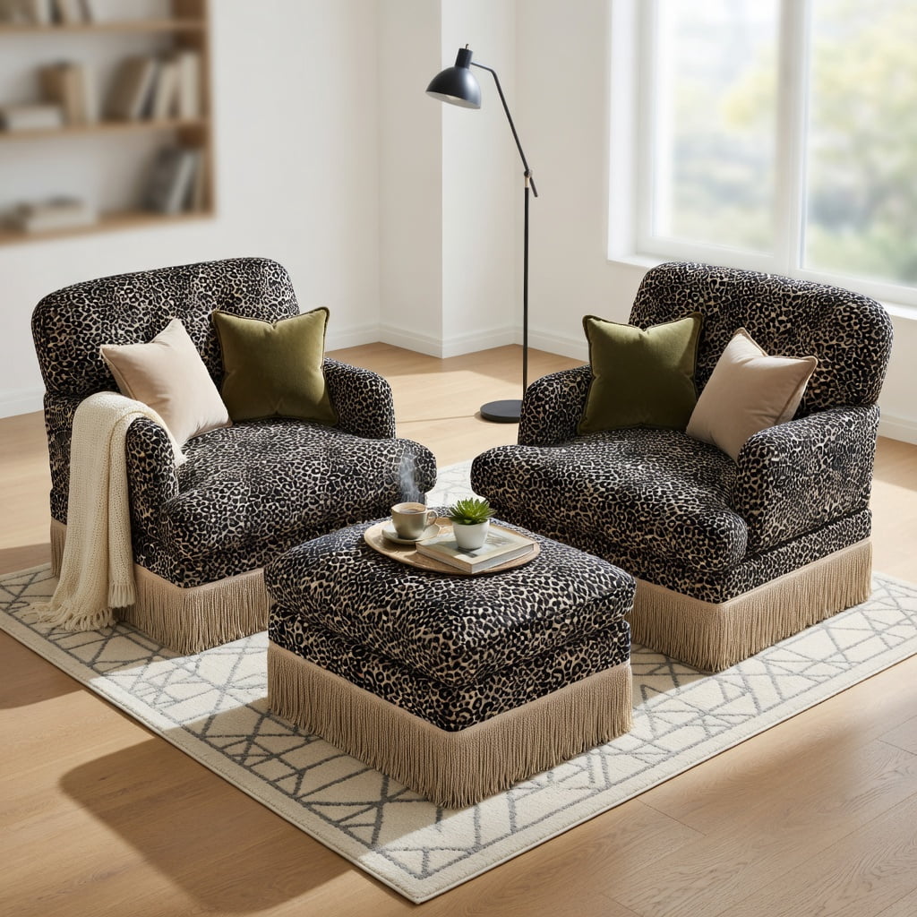 Hommoo Comfy Chenille Leopard Print Loveseat Sofa with Movable Ottoman, Tassel Trim & Ergonomic Deep Seat Design, Modern Living Room Couch Set, khaki