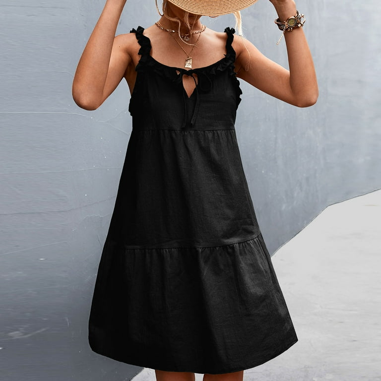 Beach Dress Lace Dresses for Women 2023 Casual Spaghetti Strap Dresses 2461 Women Solid Falbala Up Dress Sleeveless Crewneck Dress Fashion Women Dress