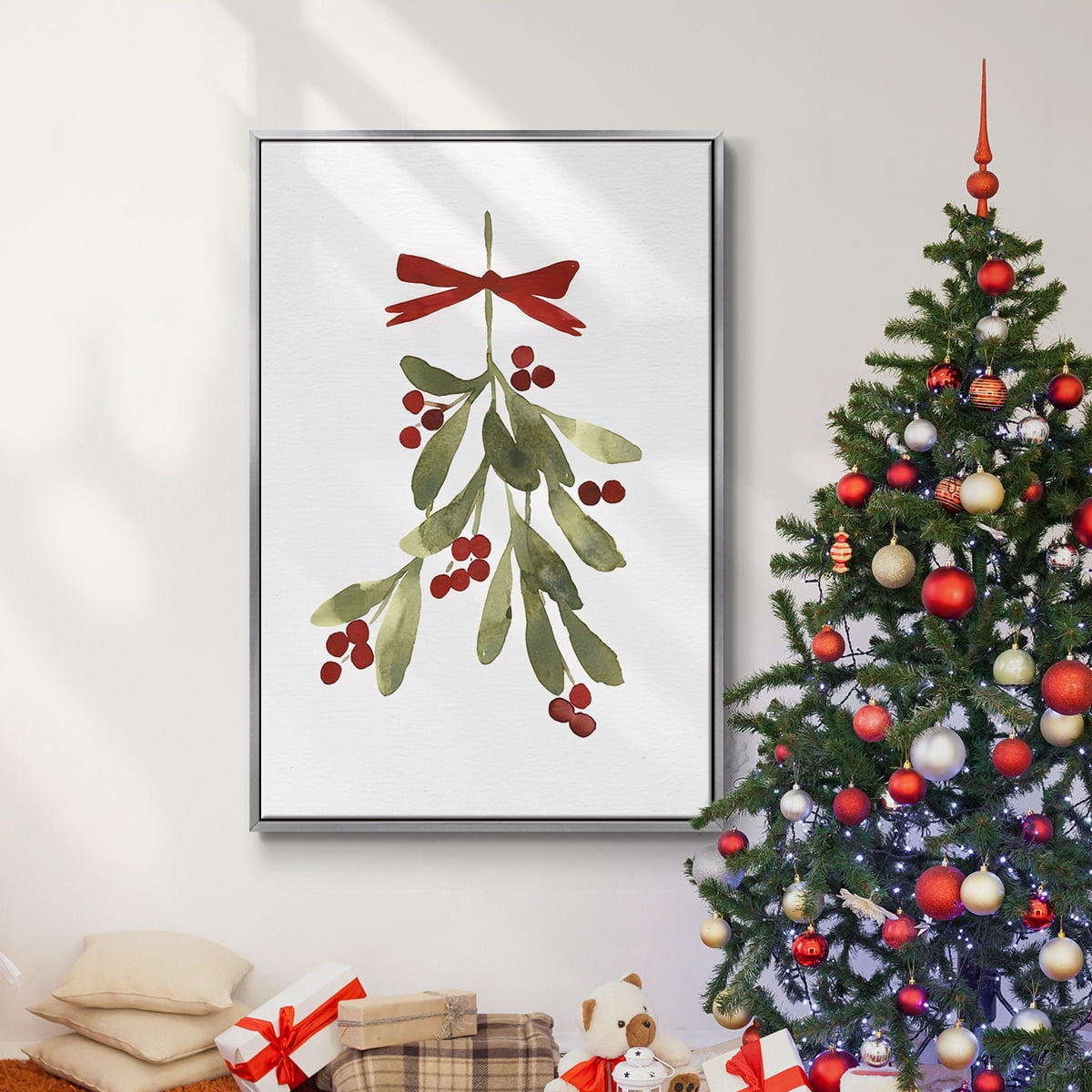 Mistletoe Bow I - Framed Gallery Wrapped Holiday Canvas - 27 x 41 - Silver Frame