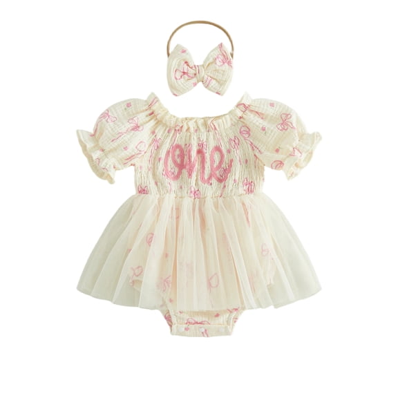 BemeyourBBs Infant Baby Girl First Birthday Outfit 1st Years Old Birthday Summer Clothes Letter Embroidery Bow Print Short Sleeve Smocked Romper Dress Bow Headband Set